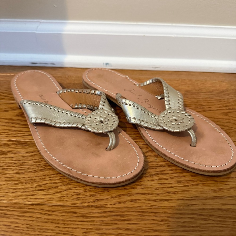 Jack Rogers Jacks Flat Metallic Gold Leather Whipstitch Sandals Womens 7.5M
